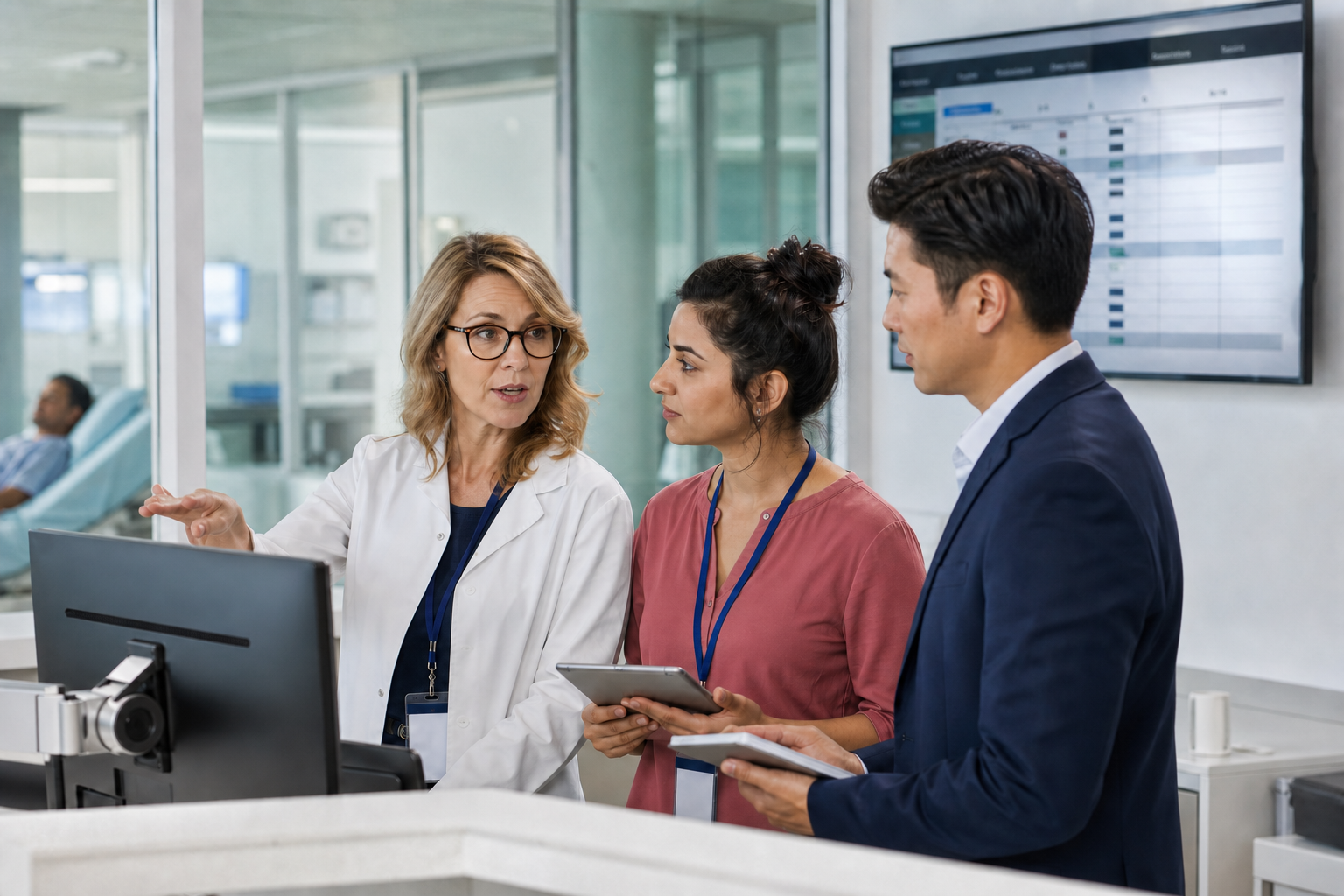 Clinical research professionals coordinating an active clinical trial in a research center
